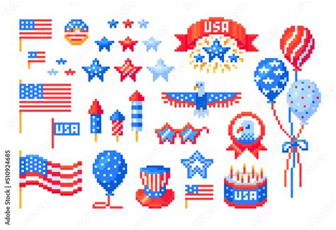 Pixel Art Symbols Set For Usa Independence Day 4th Of July Stock