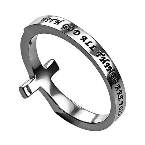 Possible Ring Bible Verse Sideways Cross Stainless Steel With Clear Cz