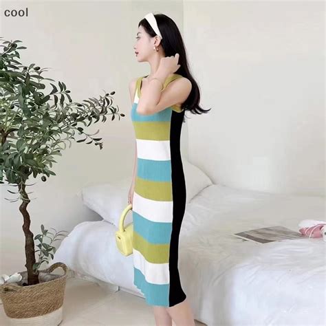 Tina Contrast Color Strapless Sleeveless Striped Knitted Bodycon Midi