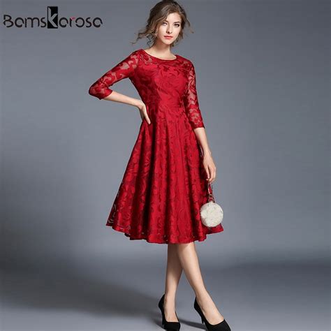 Make a bold statement in one of our striking red dresses. Office Lady Lace Dress Knee Length Red Blue Women Dress ...
