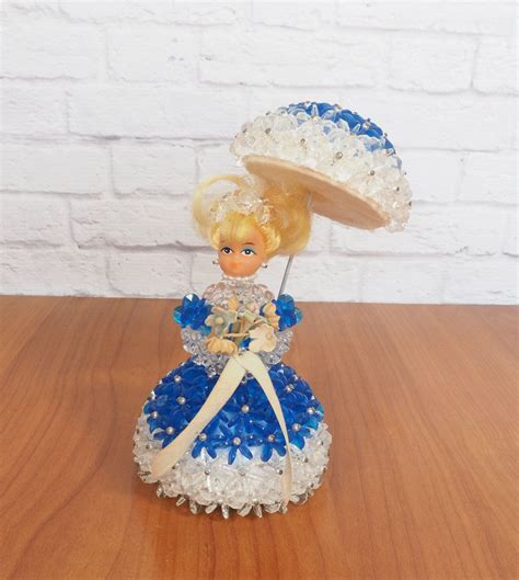 Vintage Handmade Pinflair Bead Doll With Parasol Blue And White