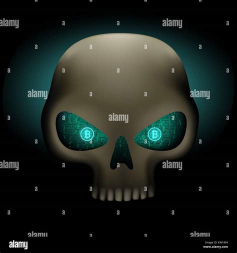 Crypto Hacker Skull With Bitcoin Blue Binary Code Eyes On Dark Stock