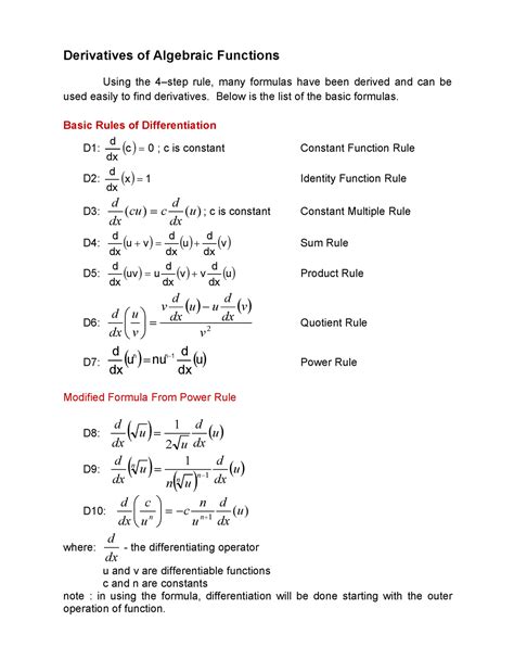 Derivatives Of Algebraic Functions By Differentiation Formula