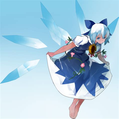 Safebooru 1girl Barefoot Blue Dress Blue Eyes Blue Hair Bow Cirno Dress Dress Lift Flower Full