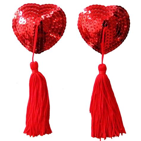 Ladies Sexy Heart Shaped Pasties Sequin Tassel Nipple Cover Red In