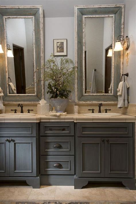 Check spelling or type a new query. French Country bathroom, gray washed cabinets, mirrors ...