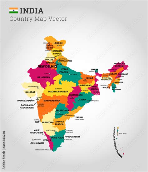Illustration Of A Detailed Map Of India Aisa Colorful Map Of India
