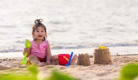 Cute Little Girl Playing Sand With Toy Sand Tools Stock Image Image