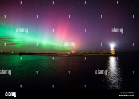 Aurora Borealis Northern Lights Display At Blyth Pier And Lighthouse