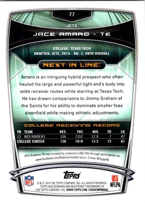 2014 Bowman Rookies Jace Amaro Rookie New York Jets 77 Ebay