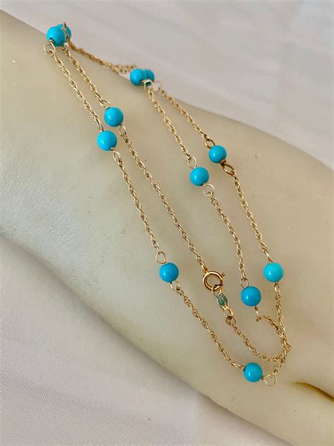 14K Gold Genuine Turquoise Beads Station Chain Link Bibb Yellow Gold