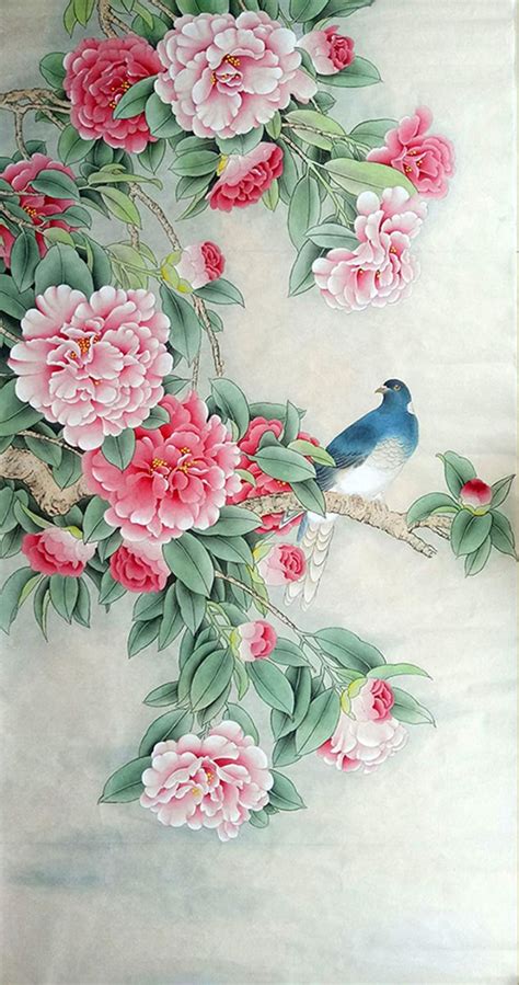 A Painting Of Flowers And A Bird On A Branch