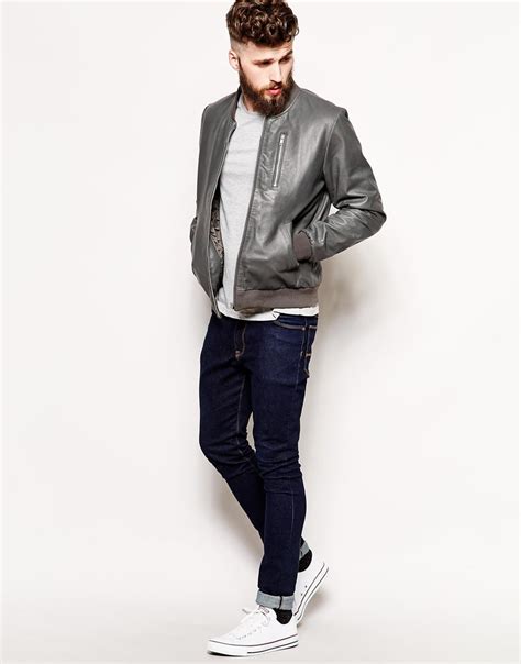 Lyst Asos Leather Bomber Jacket In Gray For Men