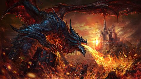 fantasy dragon  breathing fire  castle hd dreamy wallpapers hd