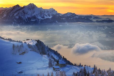 Swiss jura mountains (1678 m). Switzerland winter snow mountains sunset village wallpaper | 1920x1275 | 119323 | WallpaperUP