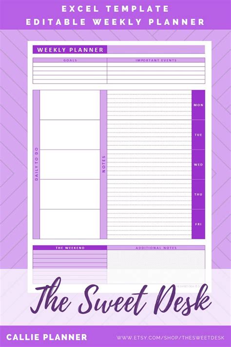 Printable Excel Weekly Planner Template Editable Planner With Etsy