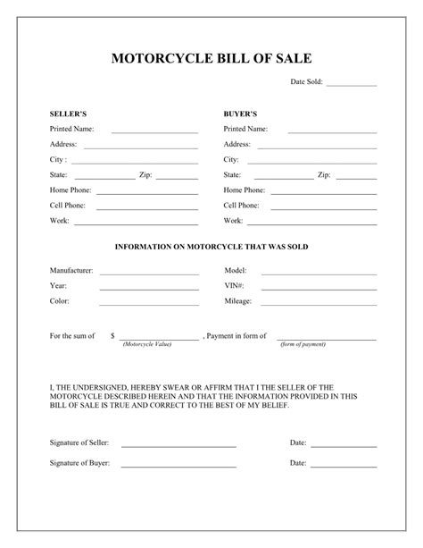 Free Motorcycle Bill Of Sale Form Download Pdf Word