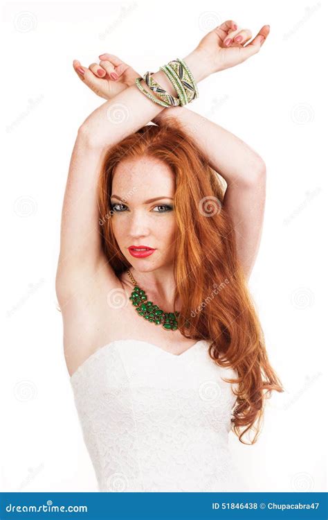 Beautiful Redheaded Girl With Green Jewelry Stock Photo Image Of