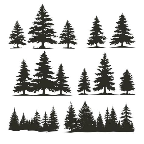 Vector Vintage Trees And Forest Silhouettes Set With Fir Tree