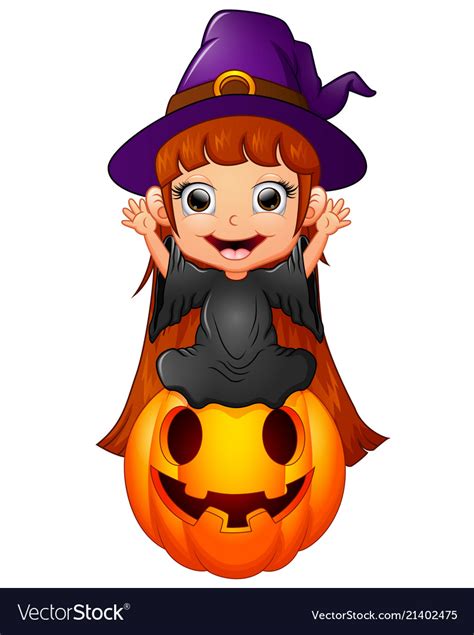 Little Witch Cartoon Sitting On Pumpkin Royalty Free Vector