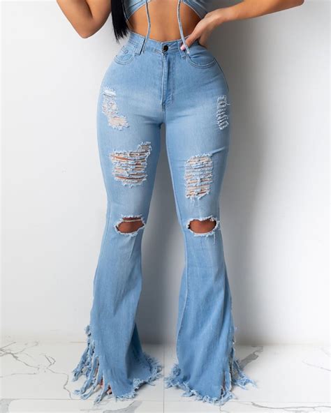 Ripped Cutout Fringe Hem Bell Bottom Casual Jeans