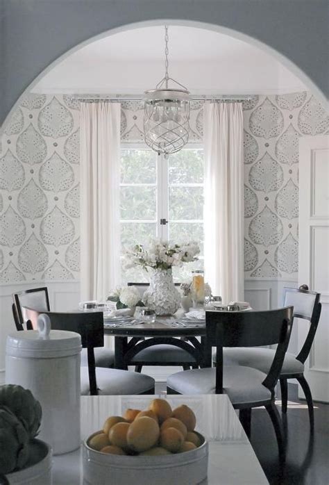 Patterned Wallpaper In A Light Gray Dining Room Grey Dining Room