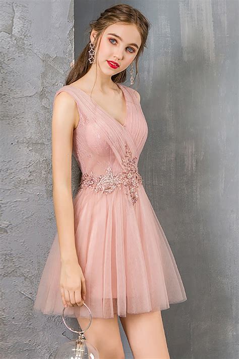 Pretty Short Tulle Pink Prom Dress Cute Pleated Vneck DM