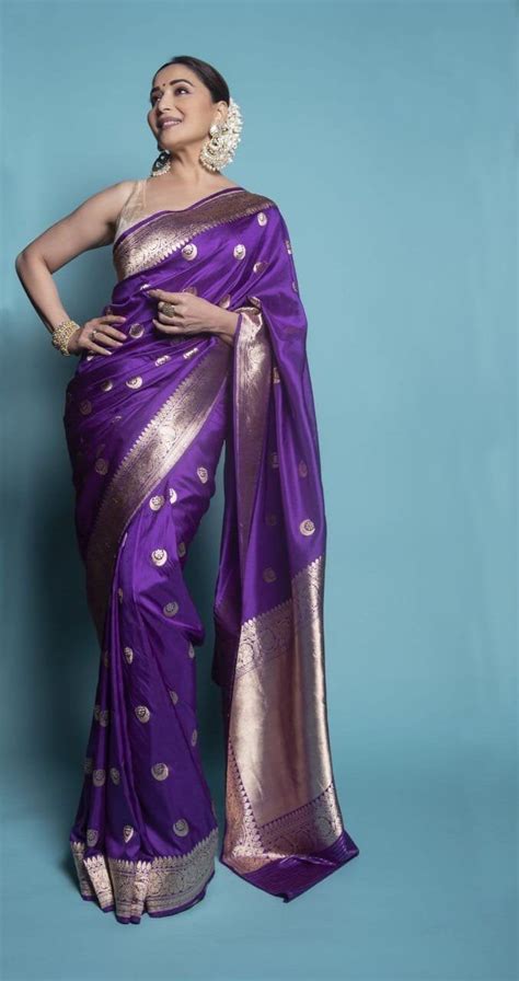 purple colore madhuri dixit designer banarasi cotton pure gold etsy saree look saree trends