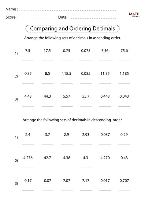 Worksheet On Comparing Decimals