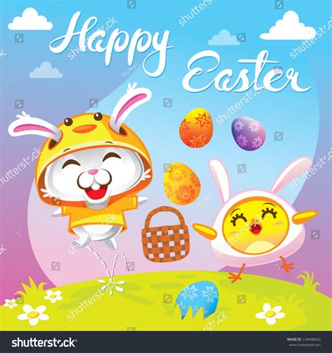 Bunny Rabbit Chicken Happy Easter Cartoon Stock Vector