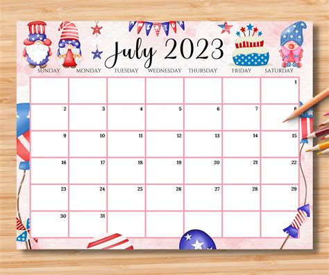 Editable July 2023 Calendar 4th July Independence Day With Etsy Uk