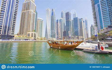Dubai Marina City With Skyscrapers And Boats United Arab Emirates