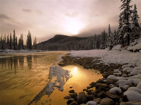 Bow River Rocky Mountains Canada Scenic Snow