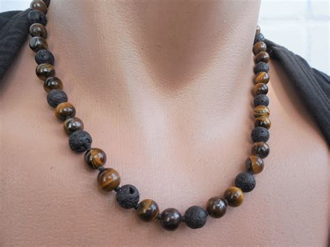 Mens Beaded Necklace Tigers Eye Necklace Black Lava Necklace Etsy