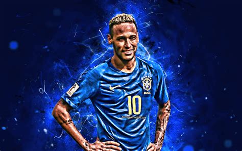 Download Wallpapers Neymar Blue Background Football Stars Brazil