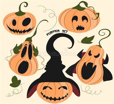 Halloween Set Of Scary Pumpkins Cartoon Vector Pumpkins With Different Emotions Stock Vector