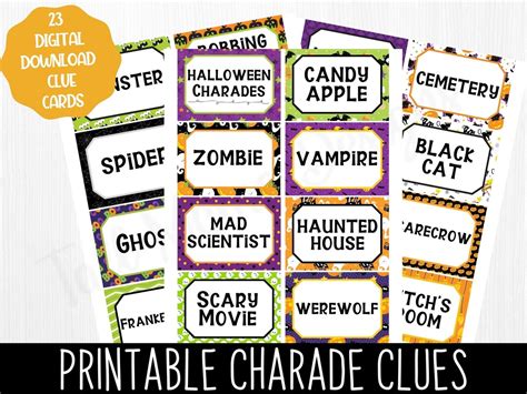 Halloween Charade Clue Cards Printable Digital Download Etsy