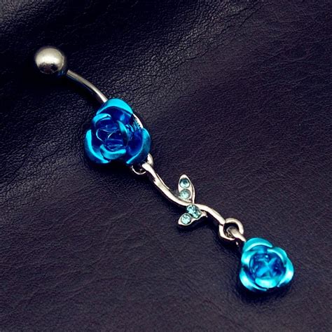 Romantic Rose Flower Navel Piercing Blue Rose Belly Button Rings Summer