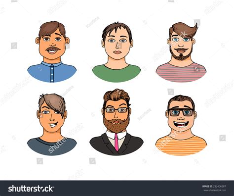 Colorful Male Cartoon Faces Crowd Doodle Collection Of Avatars Stock