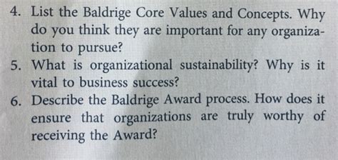 Solved 4 List The Baldrige Core Values And Concepts Why Do