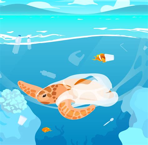 Turtle Trapped In Plastic Garbage Flat Vector Illustration Sea