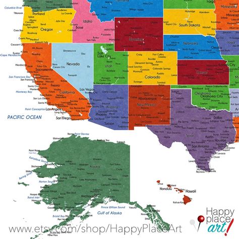 Detailed Usa Map With Cities And States Labels Us Map Print Etsy