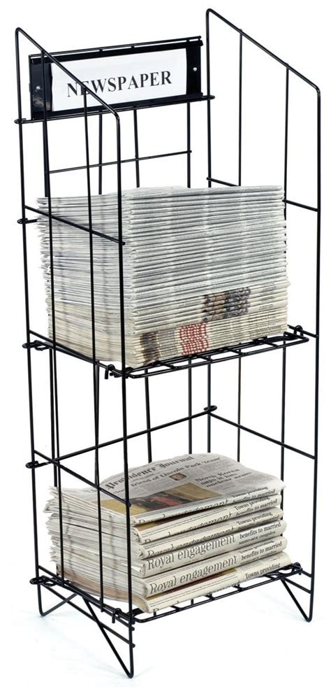 3 Tiered Wire Newspaper Rack For Floor With Separate Header Black