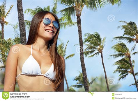 Bikini Girl Wearing Sunglasses On Palm Tree Beach Stock