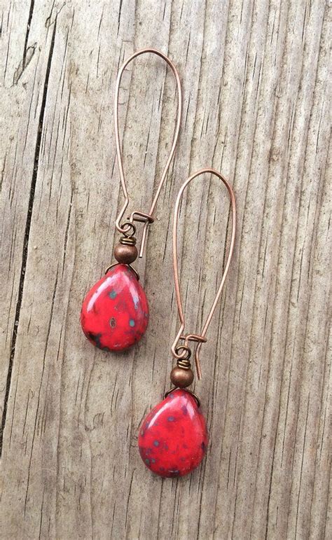Red Picasso Finished Czech Glass Teardrops With Antiqued Copper Accent