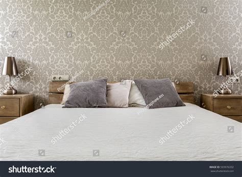 Wide Marital Bed Wooden Bedside Cabinets Stock Photo 593976332