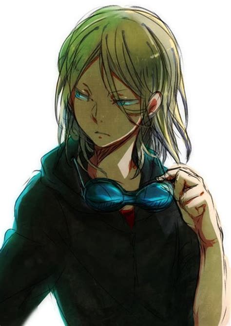 An Anime Character With Green Hair Wearing A Black Shirt And Blue Bow