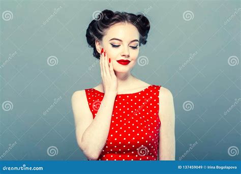 pin up woman portrait beautiful retro female in polka dot dress with red lips stock image
