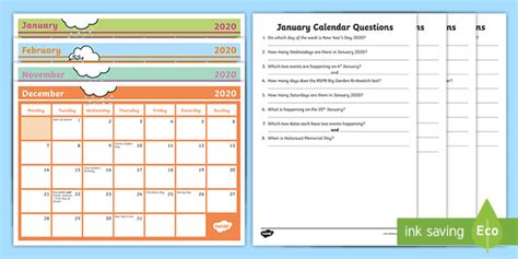 Calendar 2020 Activity Sheets Teacher Made