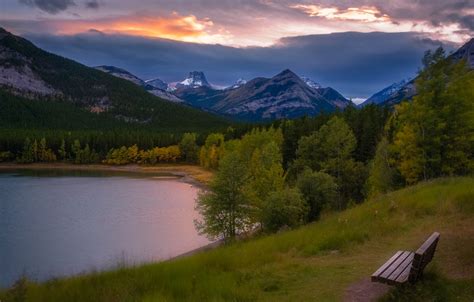 Wallpaper Autumn Sunset Mountains Lake Shore Canada Albert